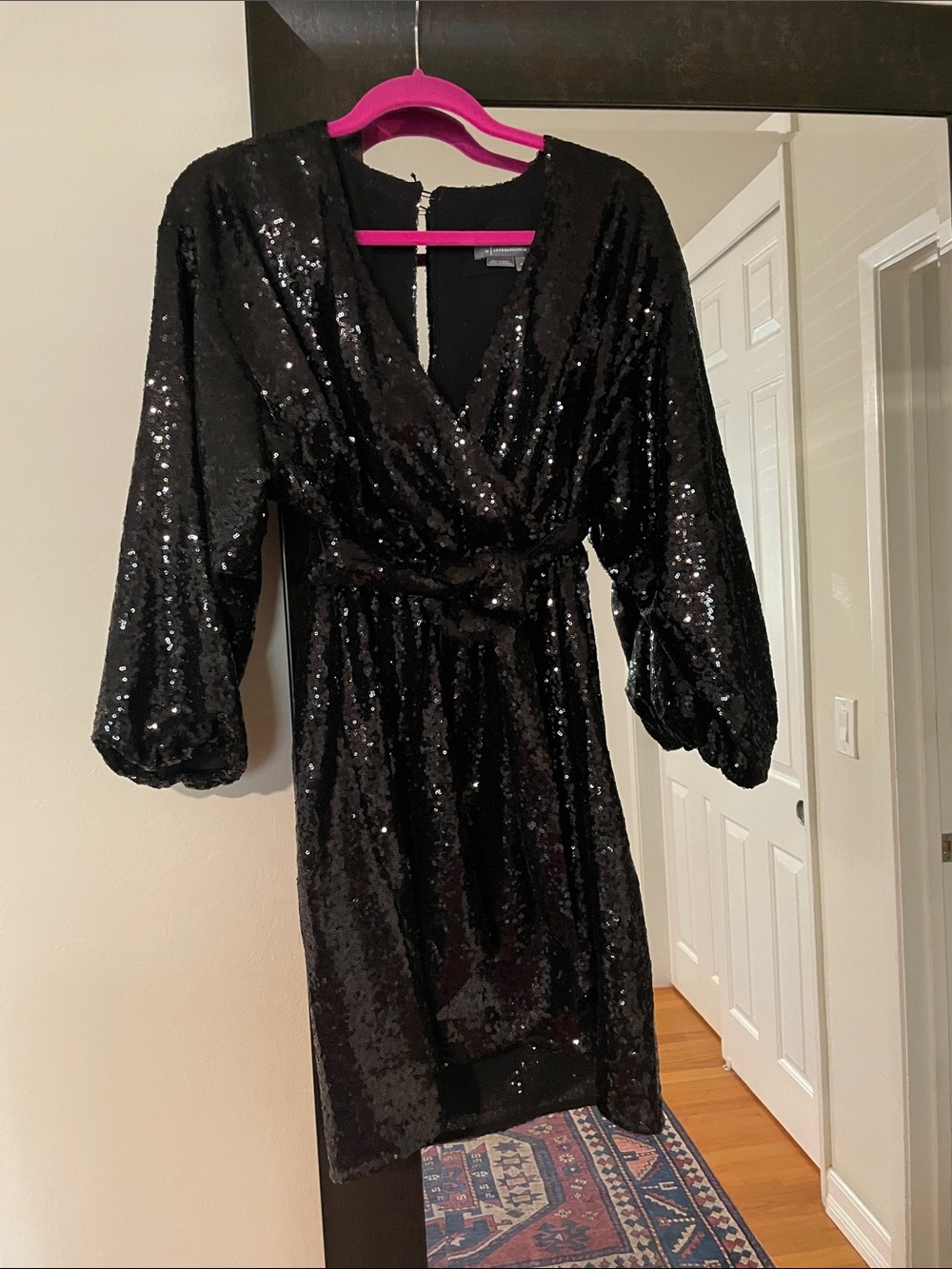 Anthropologie Black Sequin Wrap-Front Cocktail Dress